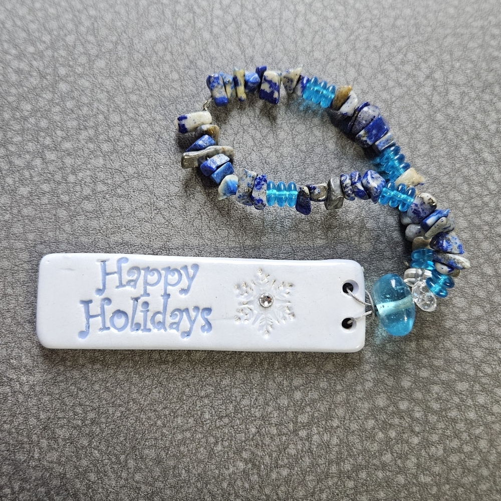 Holiday Wine Bottle Necklace, Handmade Ceramic Blue & White